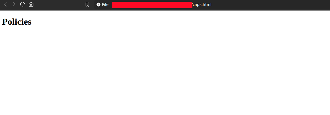 caps.html in browser, Policies heading with no entries listed