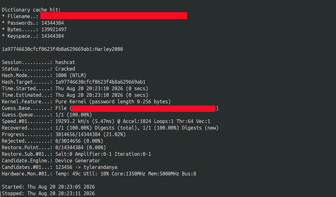 hashcat, j.hartley NTLM hash cracked, Status: Cracked, Hash.Mode 1000 NTLM
